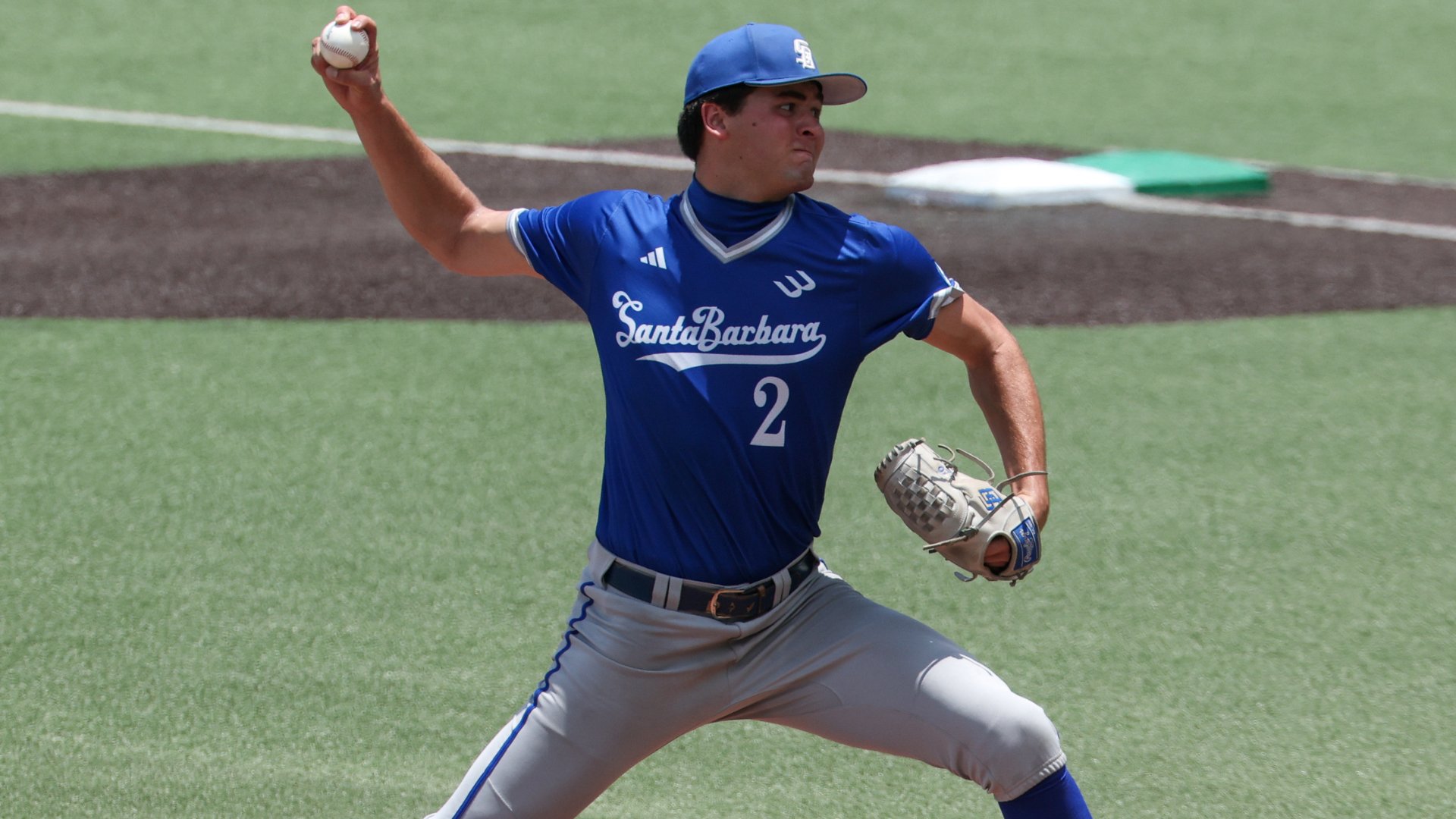 A UC Santa Barbara baseball pitcher wearing jersey number 2 throws a pitch from the mound during a game.