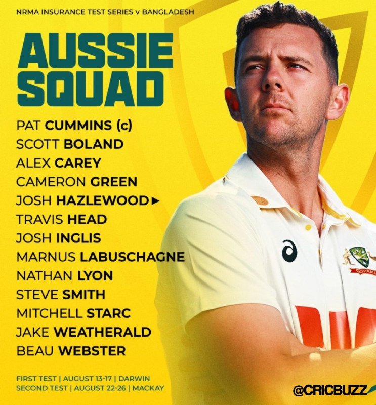 A graphic displays the "AUSSIE SQUAD" roster for the NRMA Insurance Test Series v Bangladesh, featuring a player in a white jersey alongside a list of twelve names.