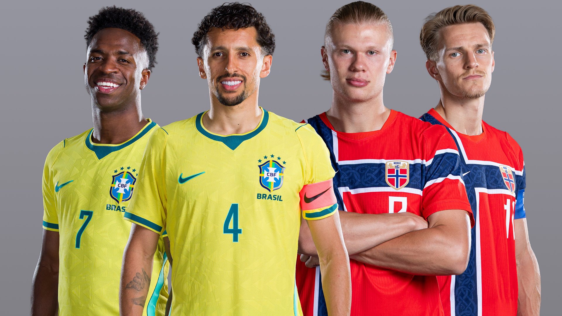Four soccer players pose together, two wearing yellow Brazil jerseys and two wearing red Norway jerseys, against a plain gray background.