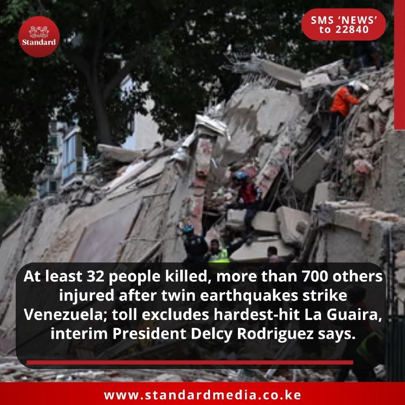 Rescue workers in helmets and high-visibility gear search through the rubble of a collapsed building.