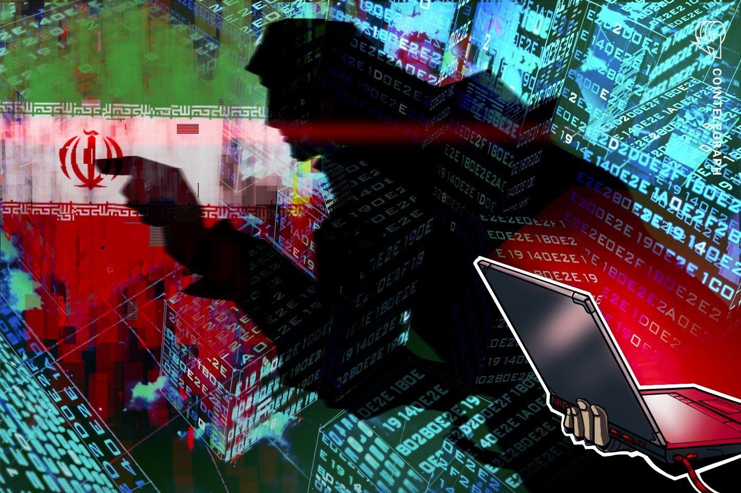 A digital illustration shows a hooded figure in silhouette overlaid with hexadecimal code, the Iranian flag, and a hand holding a laptop.