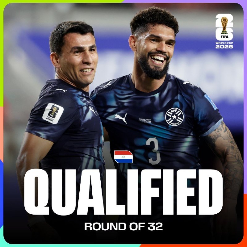 Two soccer players in dark blue Paraguay jerseys embrace and smile, with a "QUALIFIED — ROUND OF 32" graphic and 2026 FIFA World Cup logo displayed.
