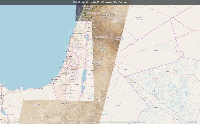 A satellite map dated February 23, 2026, displays the Levant region showing cities including Beirut, Damascus, Amman, and Jerusalem across Lebanon, Syria, Jordan, and Israel with roads and borders.