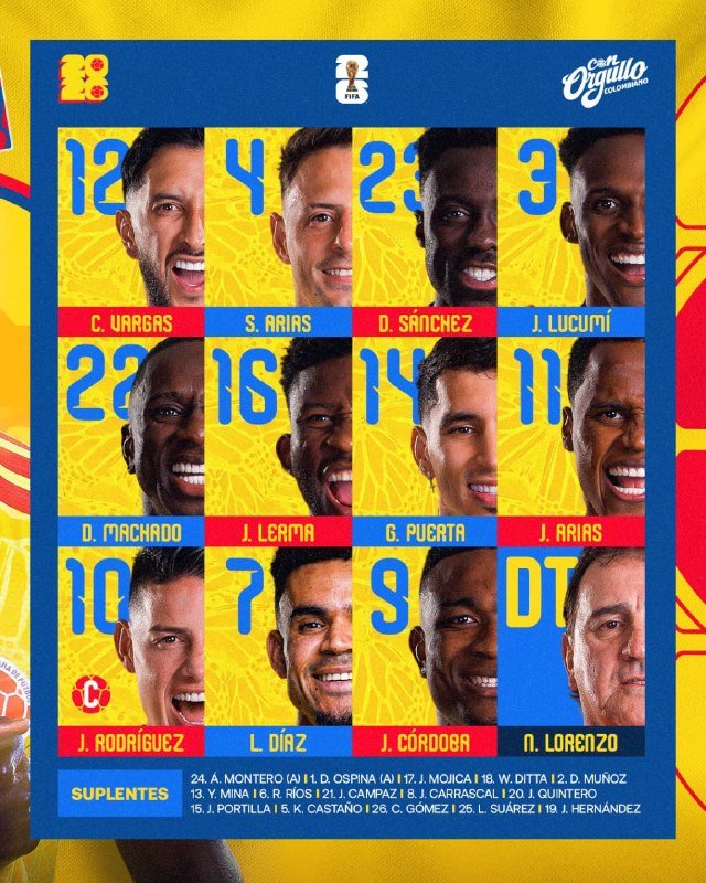 A graphic lineup poster displays headshots of eleven soccer players and a coach in a grid, each labeled with a number and name, alongside a substitutes list.