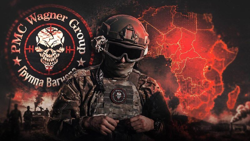 A digital illustration shows a soldier in tactical gear and goggles against a red-lit map, beside a circular skull logo reading "PMC Wagner Group."