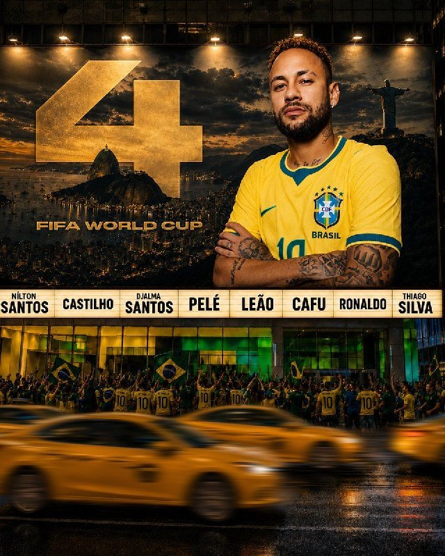 A promotional graphic features a tattooed man in a yellow "BRASIL #10" jersey beside a golden "4 FIFA WORLD CUP" logo over Rio de Janeiro, with fans and taxis below a banner of historic player names.