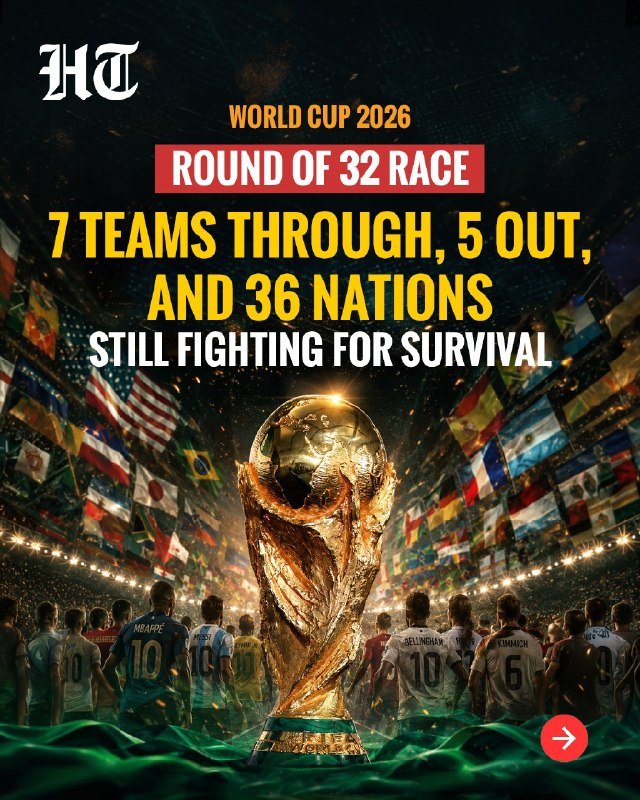 Graphic illustration featuring the FIFA World Cup trophy in front of soccer players, international flags, and stadium lights, overlaid with text reading "World Cup 2026 Round of 32 Race."