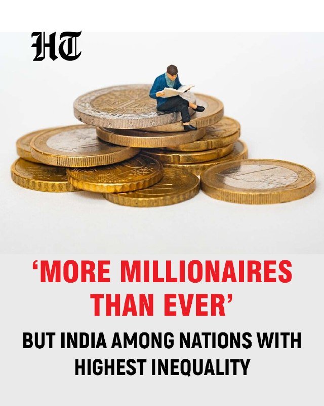 A miniature figure in a blue jacket reads a document while seated atop a stack of gold-colored coins, with the "HT" logo and text about millionaires and inequality displayed.
