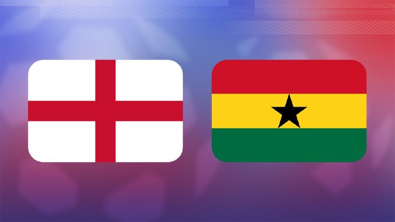 A graphic displays the flags of England and Ghana side by side against a blurred blue and red background.