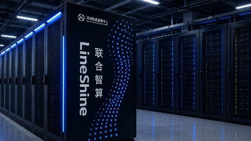 Rows of black server racks with blue LED lighting fill a data center, with the closest unit displaying "Lineshine" and Chinese characters.