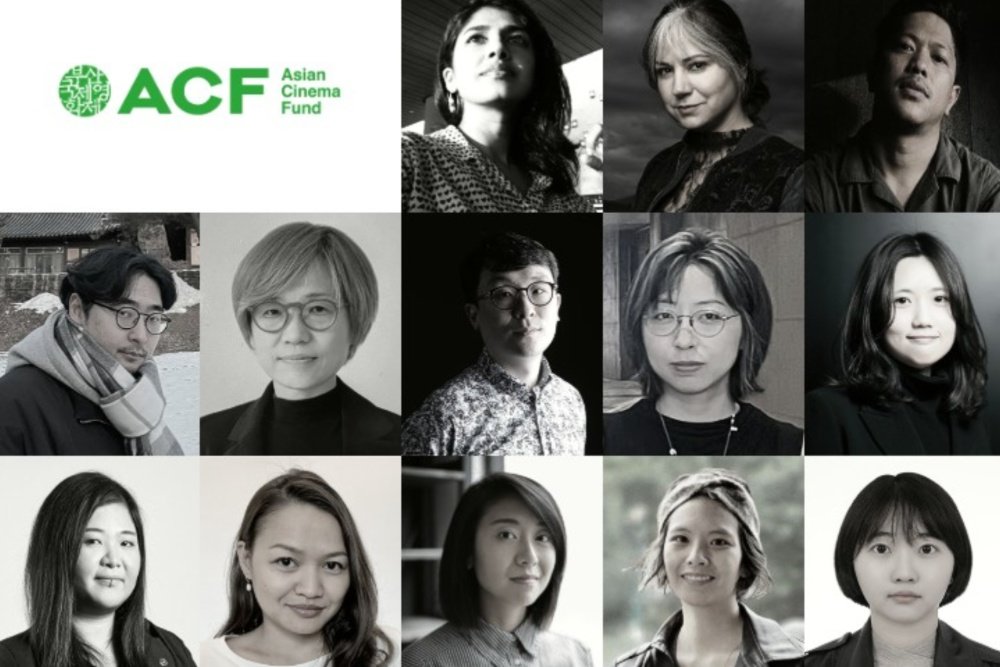 A grid of thirteen black-and-white headshot portraits arranged alongside a green "ACF Asian Cinema Fund" logo and graphic in the top-left corner.