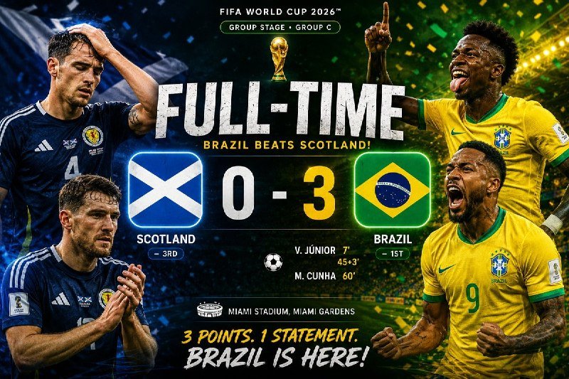Graphic displays "FULL-TIME" with FIFA World Cup 2026 branding, showing Brazil 3–0 Scotland, featuring two dejected Scottish players and two celebrating Brazilian players.