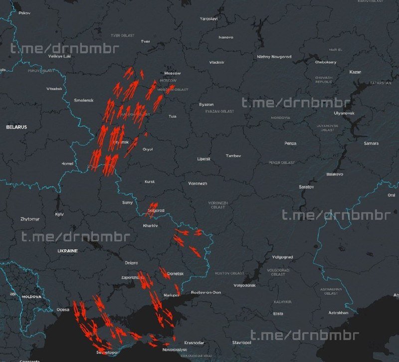 Dark map of Eastern Europe showing numerous red lightning-bolt symbols clustered across Ukraine, Belarus border regions, and Crimea, with city labels and the watermark "t.me/drnbmbr."