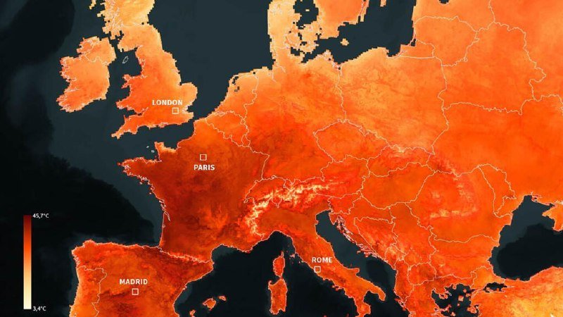 An orange-toned weather map of Europe displays temperatures ranging from 3.7°C to 45.7°C, with cities including London, Paris, Madrid, and Rome marked.