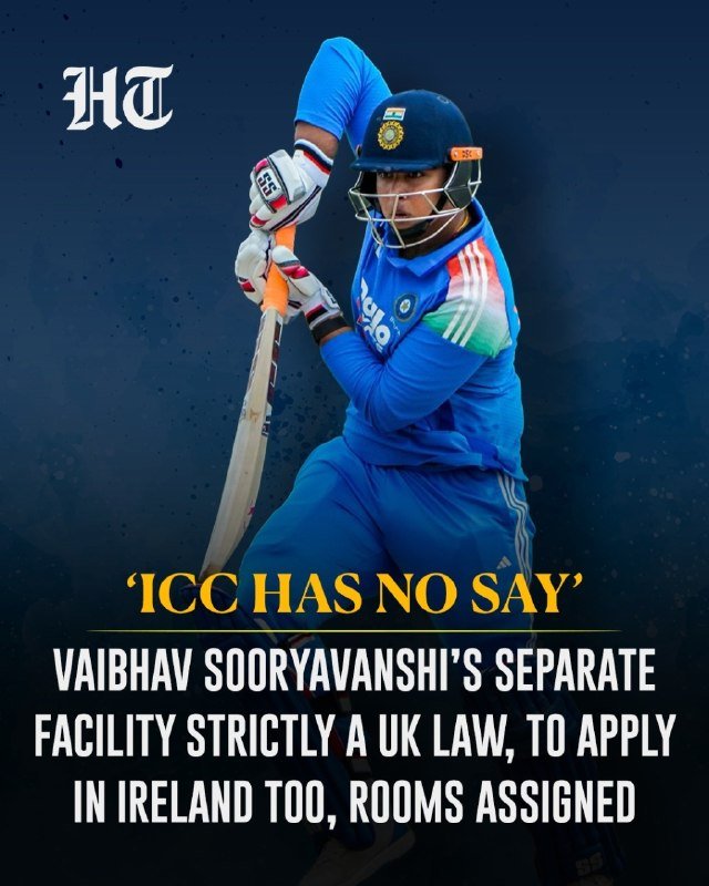 A cricketer in a blue India jersey and helmet holds a bat in a batting stance, featured on a news graphic titled "'ICC HAS NO SAY' Vaibhav Sooryavanshi's separate facility..."