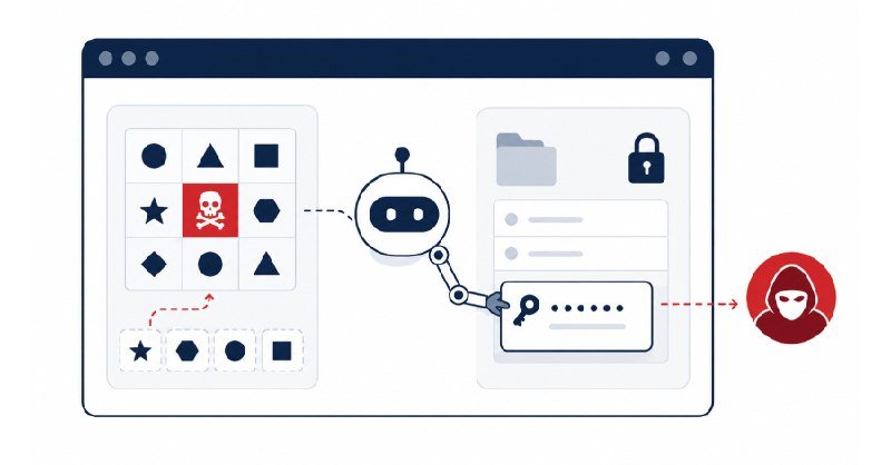 Illustration depicting a CAPTCHA grid, a robot, a login form with a padlock, and a hooded hacker icon connected by dashed arrows.