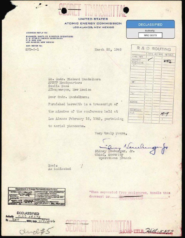 A declassified 1948 U.S. Atomic Energy Commission "Secret" transmittal memo from Los Alamos is shown, stamped with routing and declassification markings.