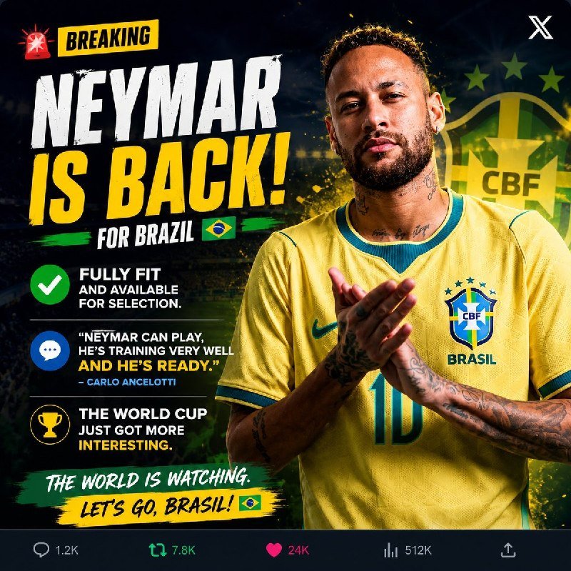 A graphic post on X announces "NEYMAR IS BACK!" showing a bearded man in a yellow Brasil jersey with the CBF logo, alongside text crediting Carlo Ancelotti and engagement metrics below.