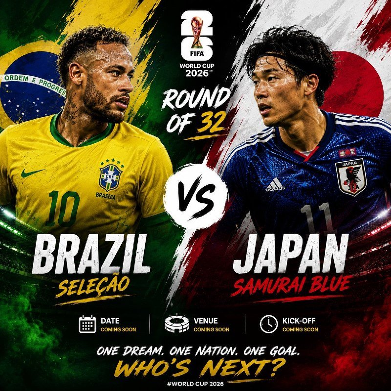Promotional graphic for a FIFA World Cup 2026 Round of 32 matchup between Brazil (Seleção) and Japan (Samurai Blue), featuring a player in a yellow #10 jersey opposite a player in a blue #11 jersey, with "Coming Soon" date, venue, and kick-off details.