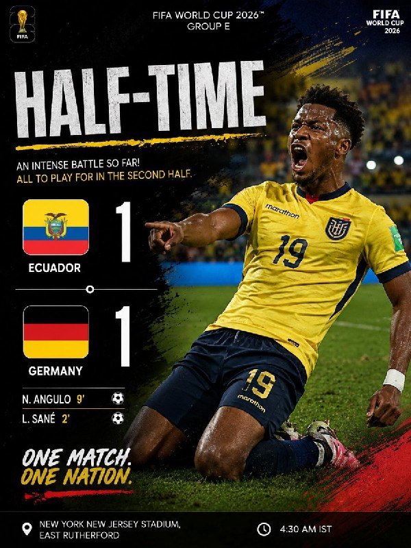 A FIFA World Cup 2026 graphic shows a halftime score of Ecuador 1–1 Germany in Group E, featuring a player in a yellow #19 jersey celebrating on his knees.