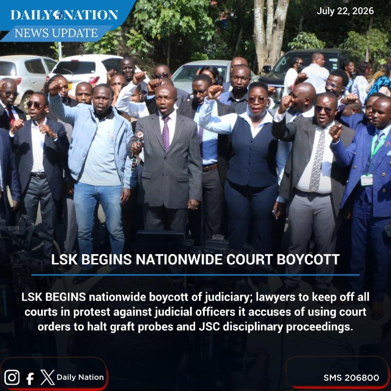 A group of people in formal attire stand outdoors with raised fists, with the caption "LSK BEGINS NATIONWIDE COURT BOYCOTT."
