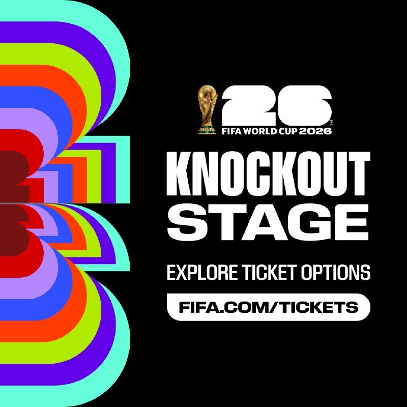 Graphic promoting FIFA World Cup 2026 "Knockout Stage" tickets, featuring the tournament's logo, gold World Cup trophy, colorful layered design, and "FIFA.COM/TICKETS" on a black background.