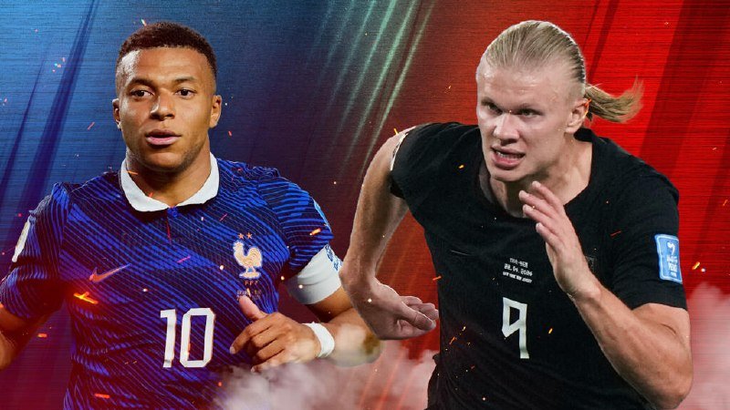 Composite graphic showing two soccer players in motion — one wearing a blue jersey with "10," the other in a black jersey with "9" — against a red and blue streaked background.
