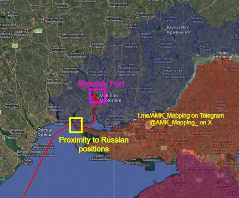 Annotated map highlighting Mykolaiv Port and its proximity to Russian positions, credited to t.me/AMK_Mapping on Telegram and @AMK_Mapping_ on X.