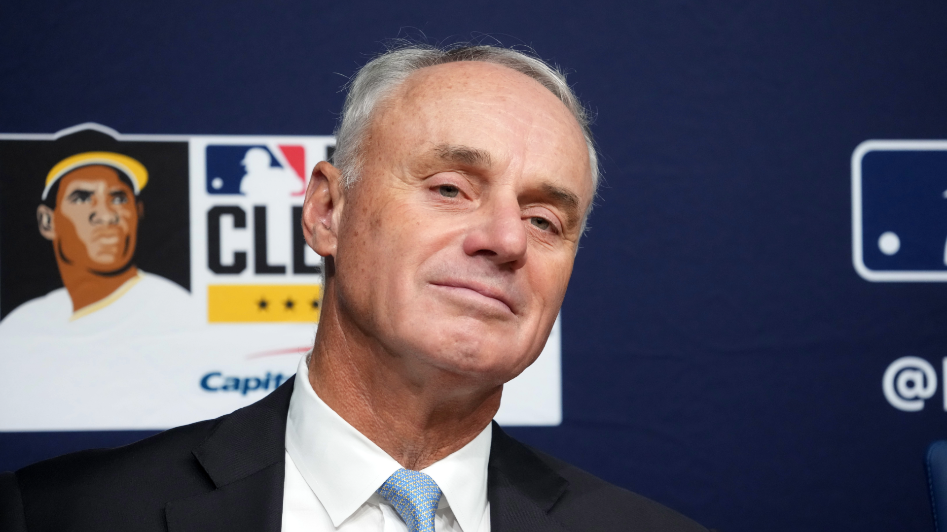 MLB Commissioner Rob Manfred at a press conference ahead of the league's mid-season CBA proposal.