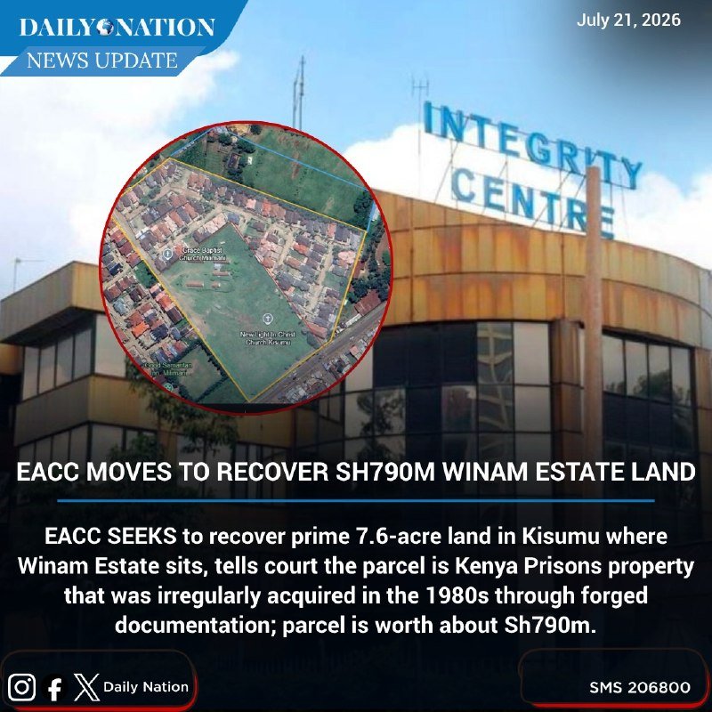 A Daily Nation news graphic dated July 21, 2026, shows the Integrity Centre building with an overlaid satellite map of a Kisumu neighborhood, headlined "EACC moves to recover Sh790m Winam estate land."