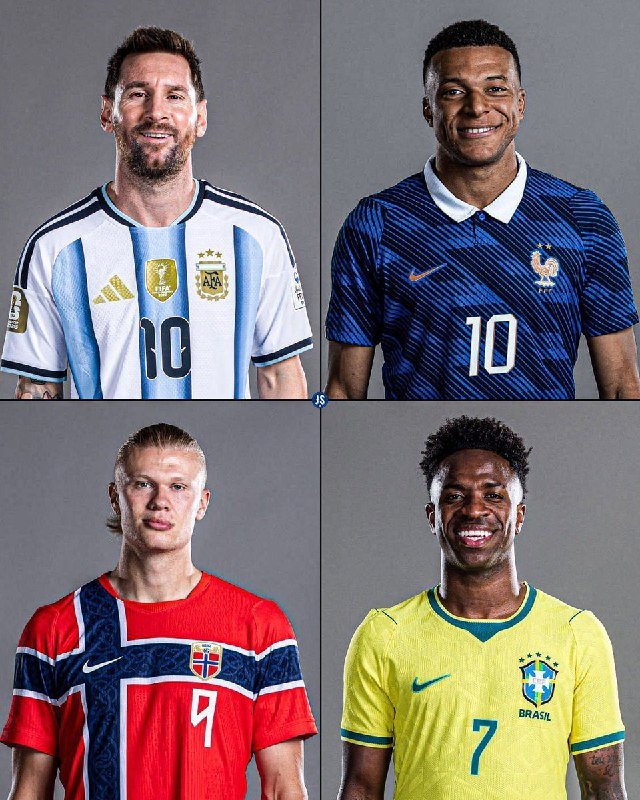 Four male soccer players pose in national team jerseys—Argentina and Norway, France, and Brazil—arranged in a 2x2 grid against gray backgrounds.