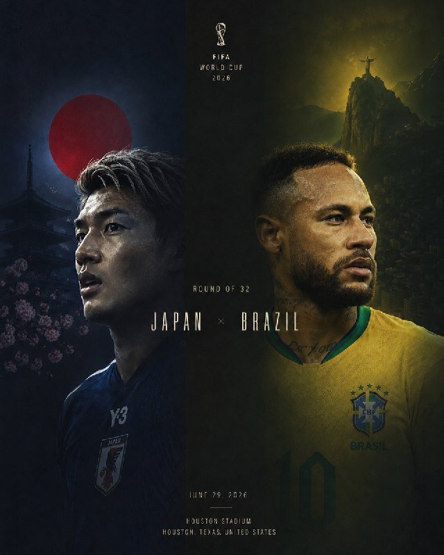 Promotional graphic for a 2026 FIFA World Cup Round of 32 match between Japan and Brazil at Houston Stadium, featuring split portraits of a Japanese and Brazilian player with a pagoda and Christ the Redeemer statue.