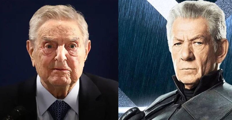 Side-by-side comparison showing an elderly man in a dark suit and tie beside an image of a man with white hair in dark tactical armor against a blue background.