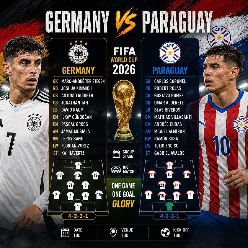 A graphic displays a "Germany vs Paraguay" FIFA World Cup 2026 matchup, featuring headshots of two soccer players flanking team logos, starting lineups, and 4-2-3-1 formations.