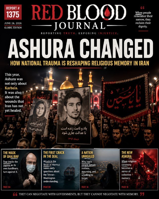 A magazine cover titled "RED BLOOD JOURNAL" features the headline "ASHURA CHANGED" above an image of a crowd holding portraits during a nighttime religious gathering.