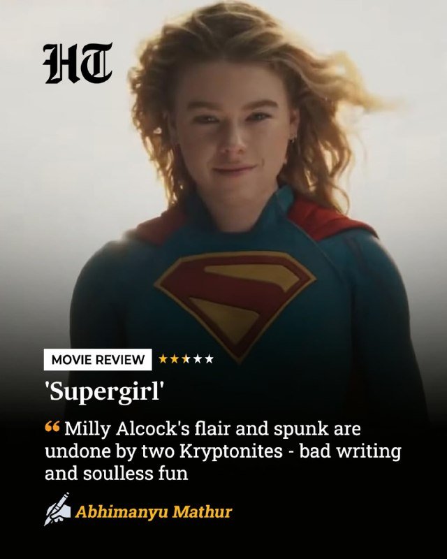 A woman in a blue and red superhero costume with a cape stands against a hazy background in a movie review graphic labeled "Supergirl."