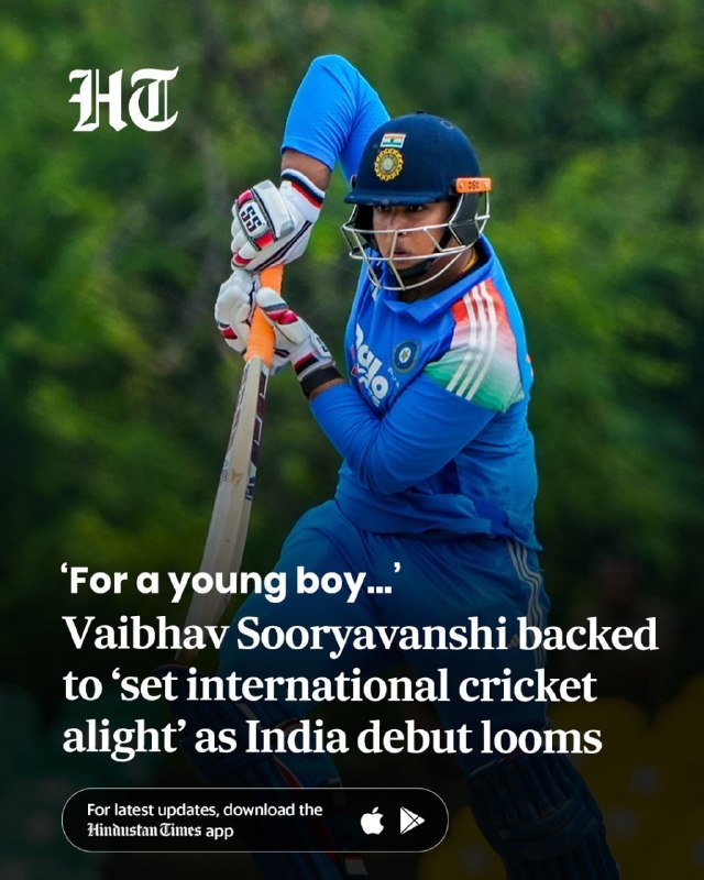 A young Indian cricket batsman in blue gear executes a pull shot during a match, overlaid with Hindustan Times text about Vaibhav Sooryavanshi.