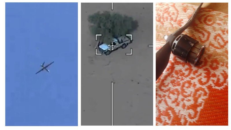 A three-panel image shows an aircraft in flight, a drone's aerial view of a vehicle emitting smoke, and a charred cylindrical object resting on an orange and white patterned fabric.