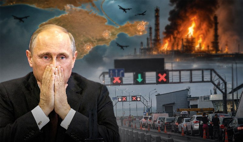 A composite illustration shows a gray-haired man covering his face with his hands, overlaid on a map with target markers, fighter jets, a burning industrial complex, and a traffic-jammed checkpoint with red X signals.
