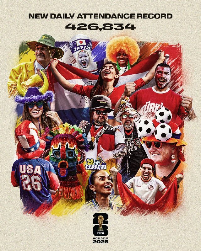 A colorful FIFA World Cup 2026 promotional graphic displays "NEW DAILY ATTENDANCE RECORD 426,834" above a montage of cheering fans in various national jerseys and costumes.