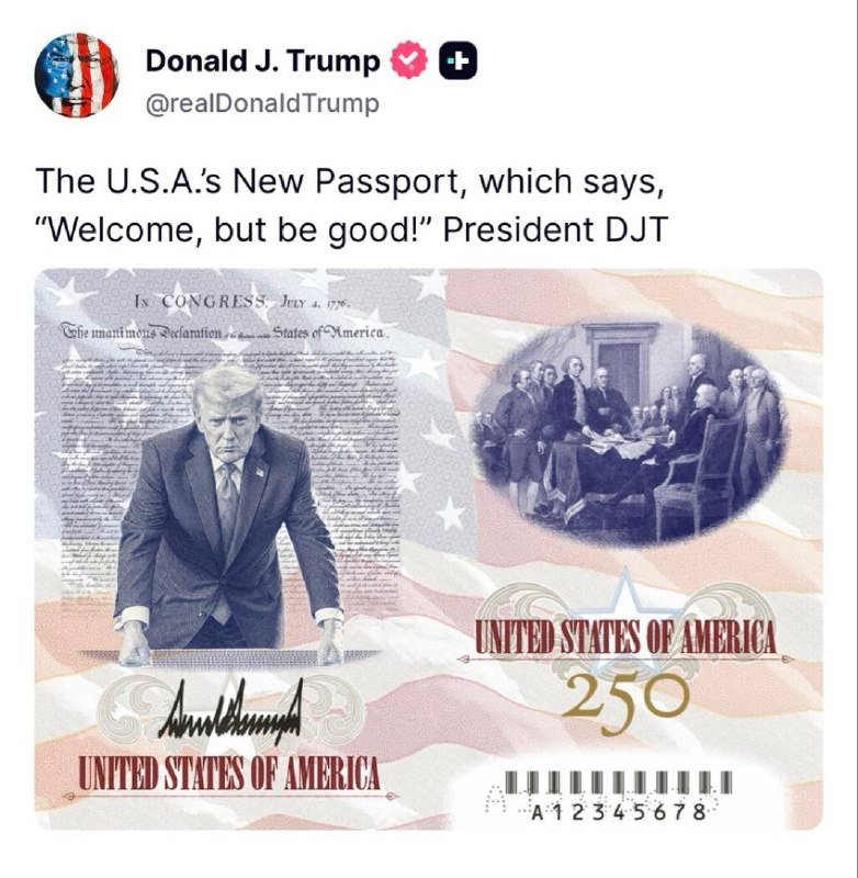 A social media post displays a proposed U.S. passport design featuring an American flag background, the Declaration of Independence text, the signing of the Declaration, and a man at a podium.