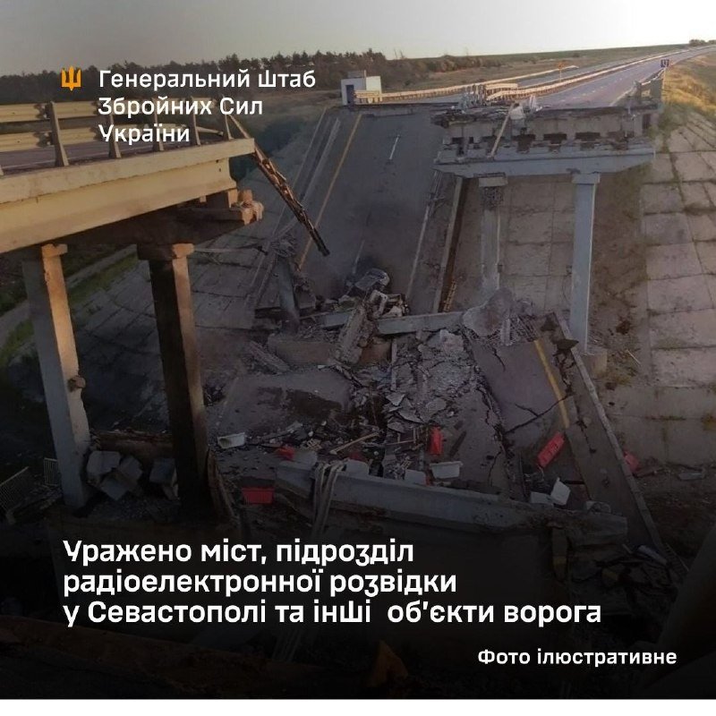 A heavily damaged overpass bridge with broken concrete spans and exposed rebar sits above a debris-strewn roadway, marked with Ukrainian military text and a trident emblem.