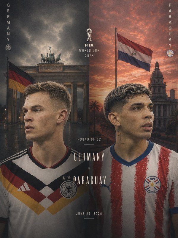 Promotional graphic for a FIFA World Cup 2026 Round of 32 match between Germany and Paraguay on June 29, 2026, featuring two players, national flags, and the Brandenburg Gate and a domed building as backdrops.