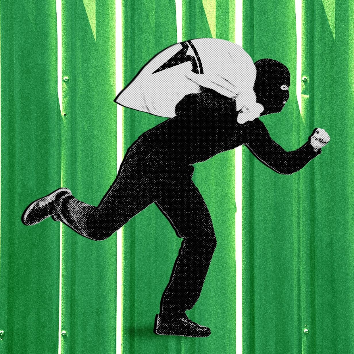 Illustration of a masked figure in black carrying a large white sack while running against a green corrugated metal background.
