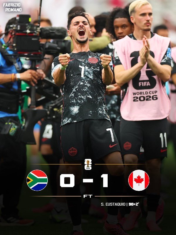 Graphic illustration showing a Canadian soccer player in a #7 kit celebrating with clenched fists, alongside a teammate in a pink bib, with a 0-1 scoreline graphic against South Africa.
