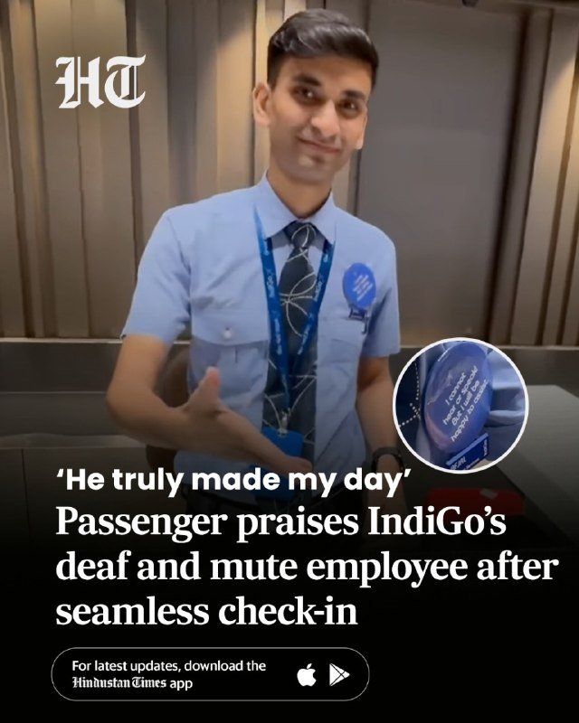 A man in a blue uniform shirt and lanyard stands smiling with open arms in an indoor setting, with overlaid news text praising an IndiGo employee.