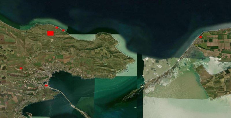 Satellite imagery shows a coastal region with a strait, agricultural fields, and red marker overlays highlighting specific inland and shoreline locations.