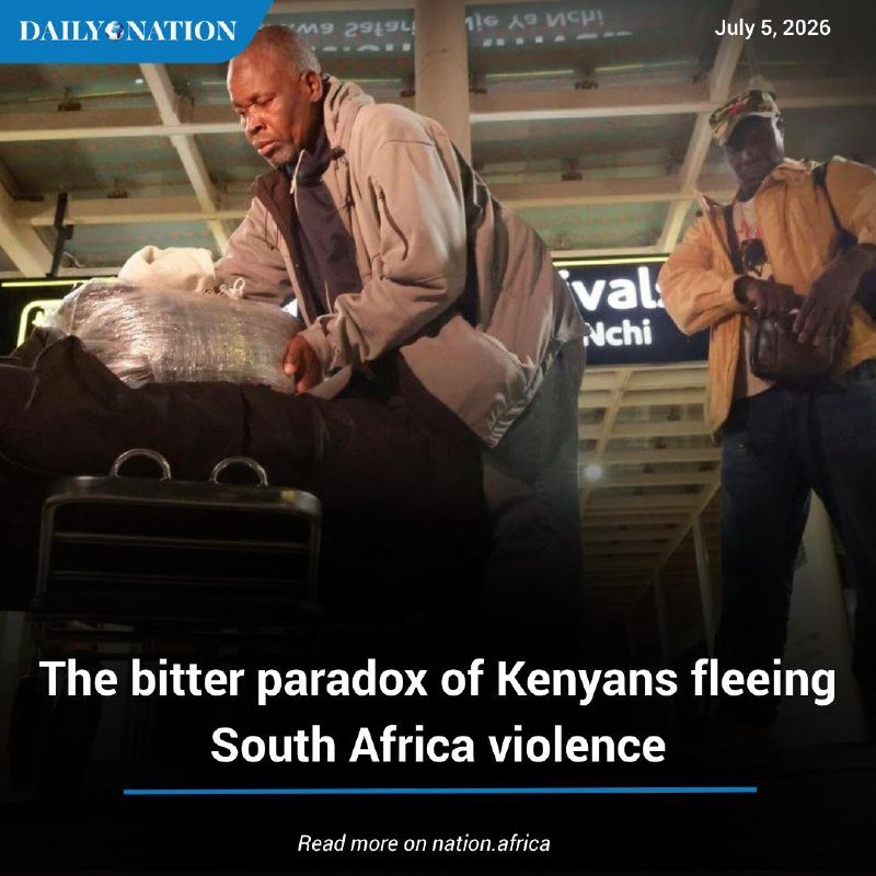 A man wraps plastic around luggage on a cart at an airport while another man in a yellow jacket stands nearby, per a "Daily Nation" headline dated July 5, 2026.
