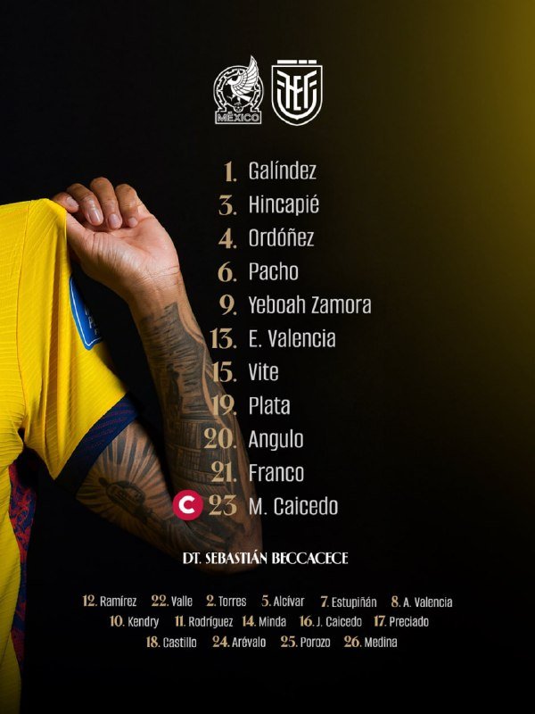 A tattooed arm grips the collar of a yellow jersey beside a graphic lineup listing Ecuador's starting eleven and substitutes under the team logo and "México" emblem.