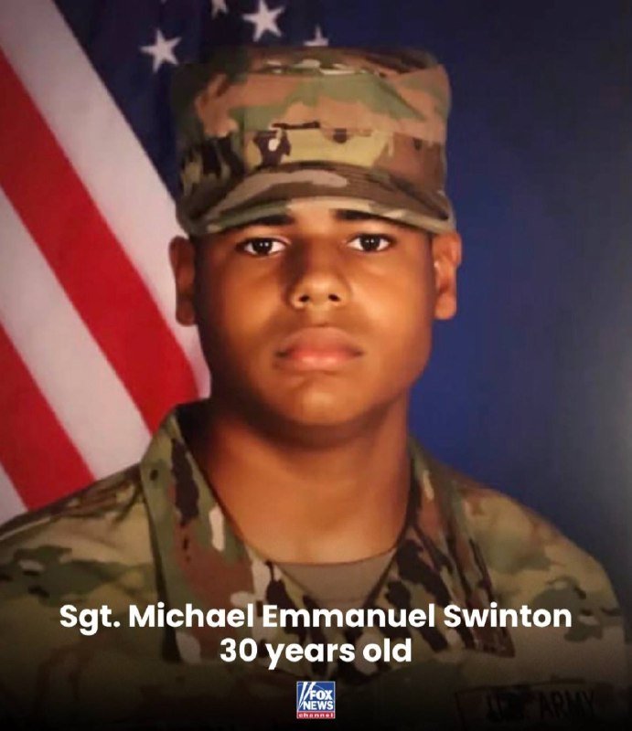 A young soldier in camouflage uniform and cap poses in front of an American flag, with text reading "Sgt. Michael Emmanuel Swinton, 30 years old" and a Fox News logo.